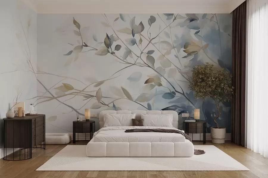 wall murals Гране са листовима у плавим и смеђим тоновима, светле позадине, меке и нежне, акварел стил w08900