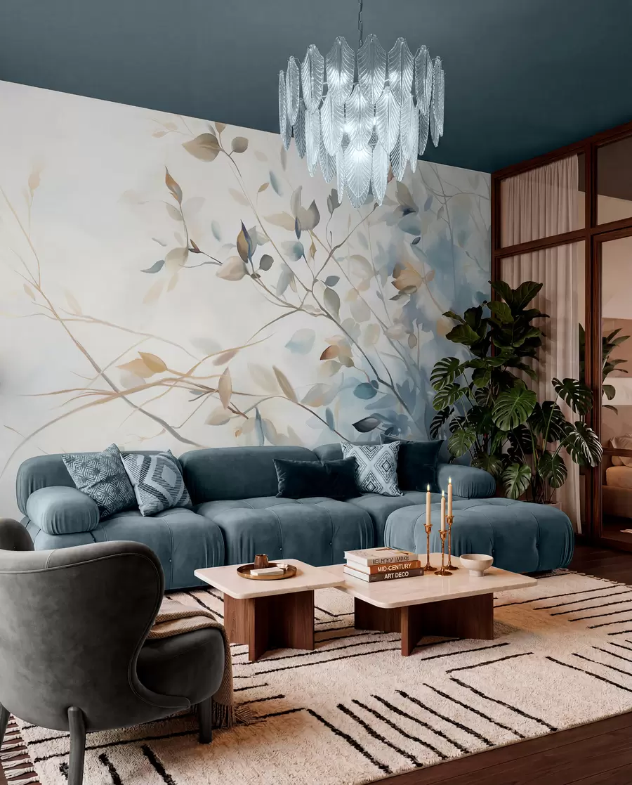 wall murals Гране са листовима у плавим и смеђим тоновима, светле позадине, меке и нежне, акварел стил w08900
