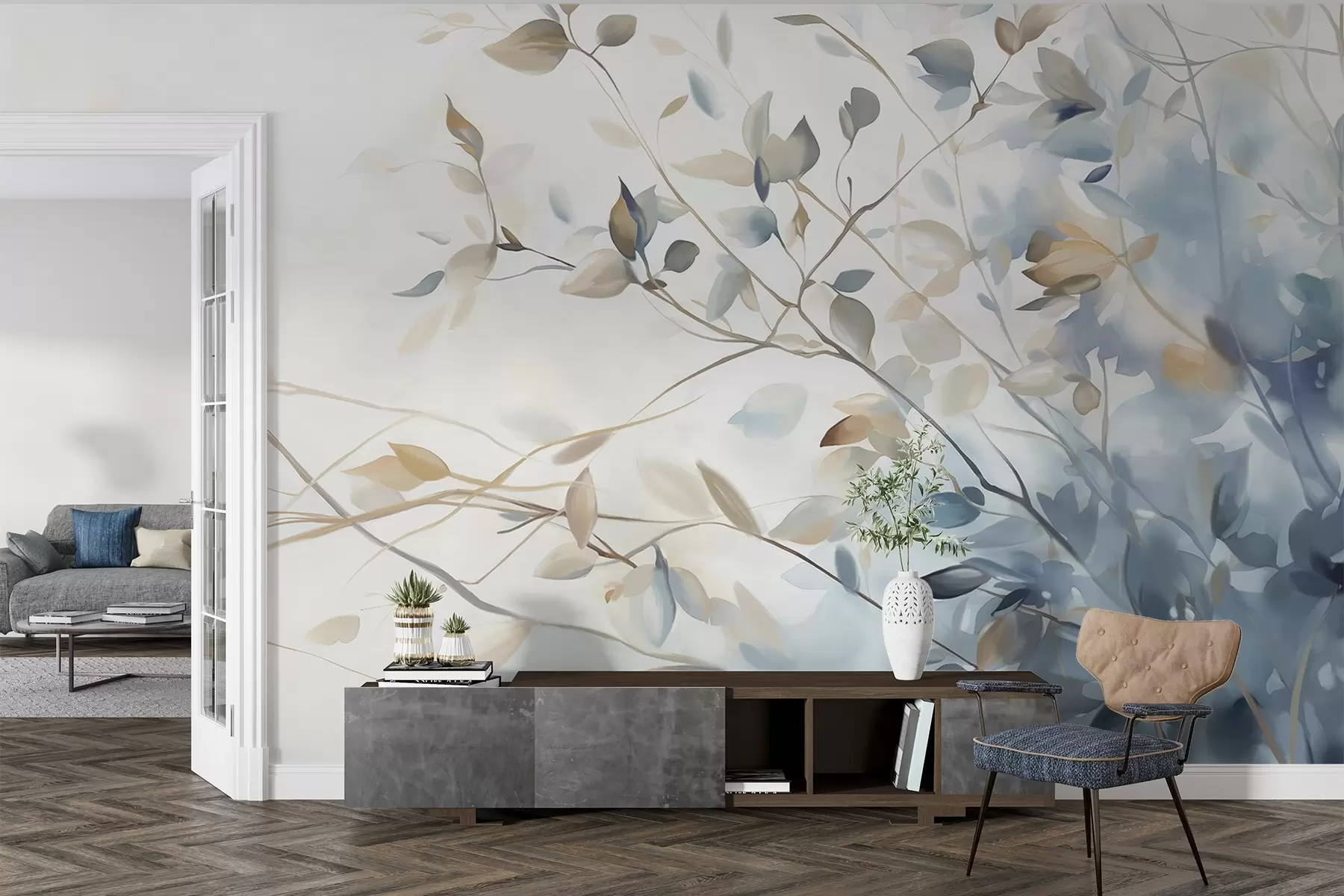 wall murals Гране са листовима у плавим и смеђим тоновима, светле позадине, меке и нежне, акварел стил w08900