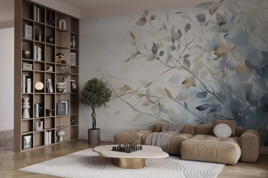 wall murals Гране са листовима у плавим и смеђим тоновима, светле позадине, меке и нежне, акварел стил w08900