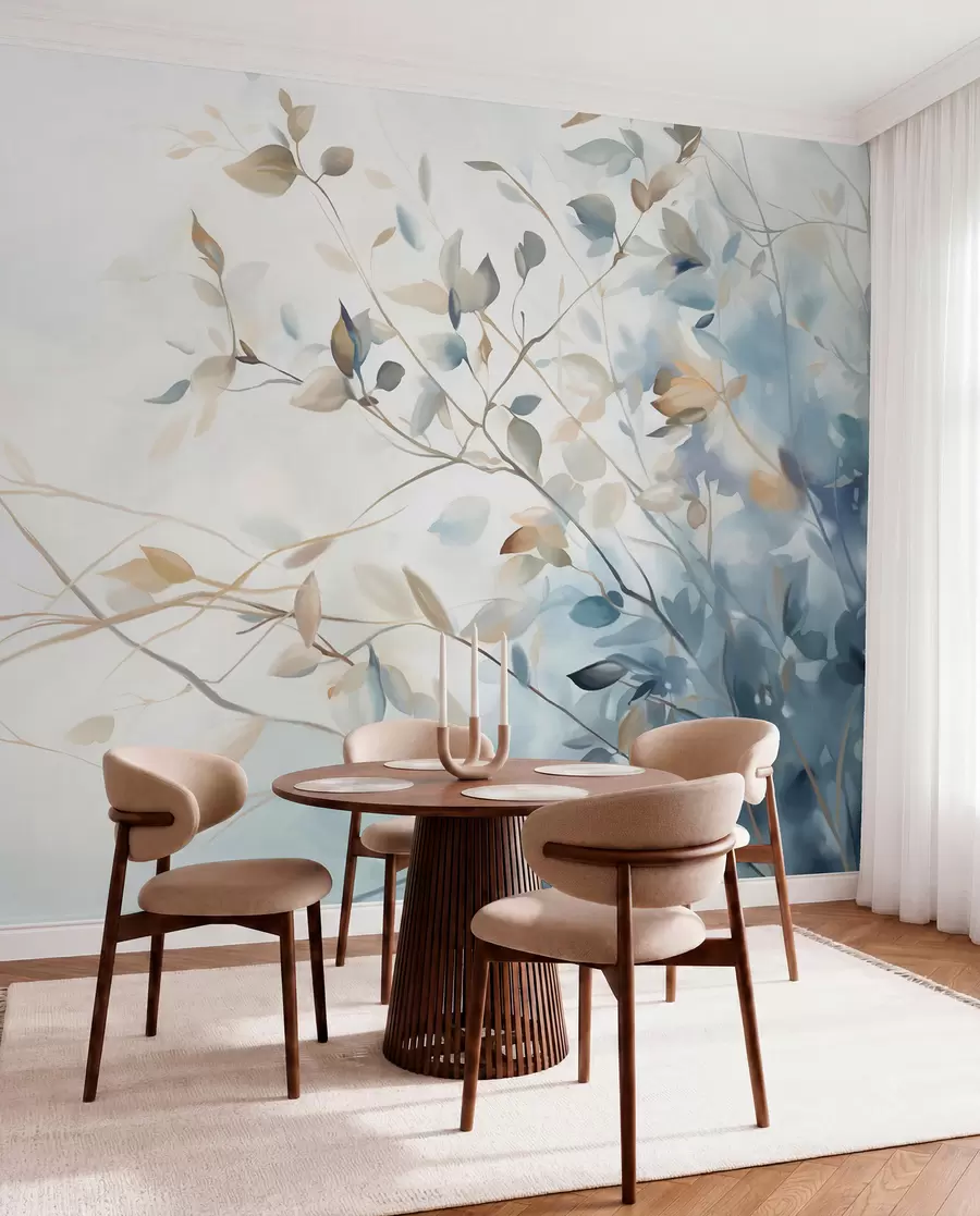 wall murals Гране са листовима у плавим и смеђим тоновима, светле позадине, меке и нежне, акварел стил w08900