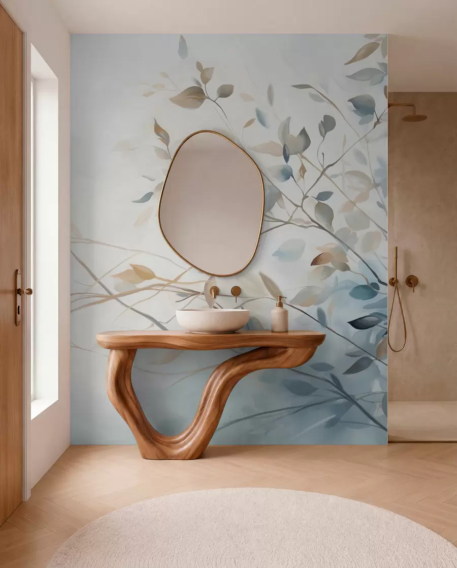 wall murals Гране са листовима у плавим и смеђим тоновима, светле позадине, меке и нежне, акварел стил w08900