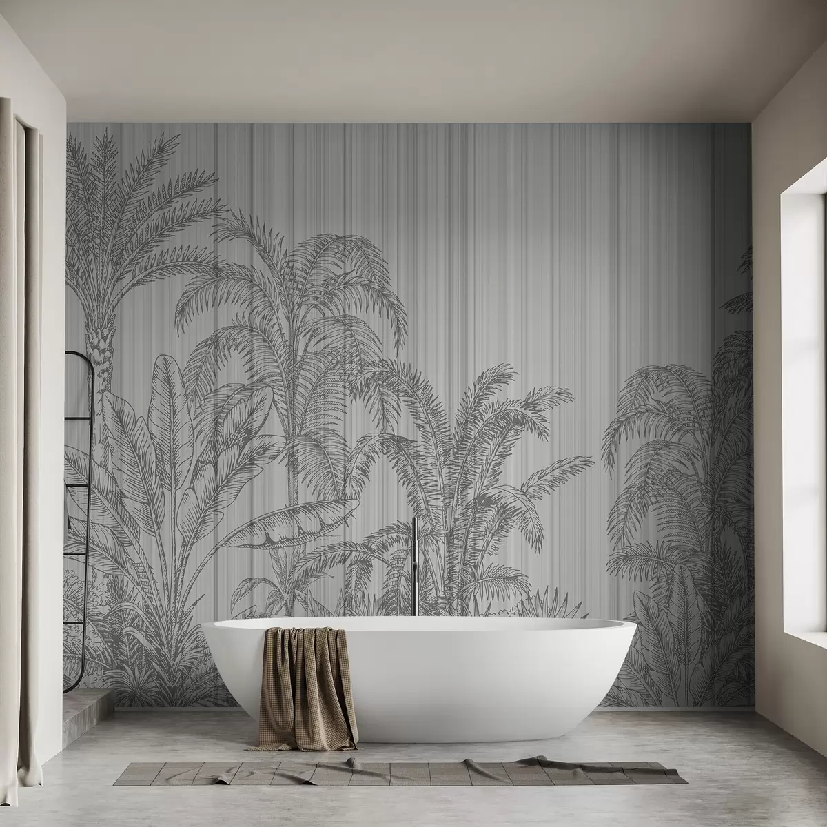 wall murals Винтаге илустрација тропских биљака и палми на текстурираној позадини, сивој позадини w03383v1