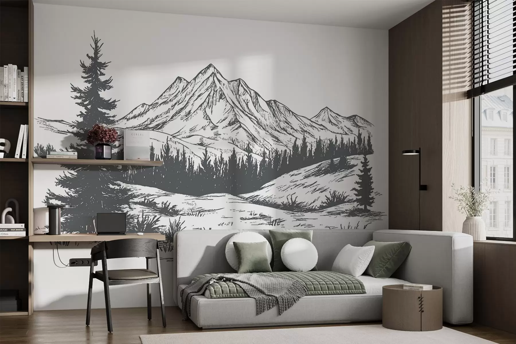 wall murals Планински пејзаж са боровима, шума, природа, тамно сива боја w03344