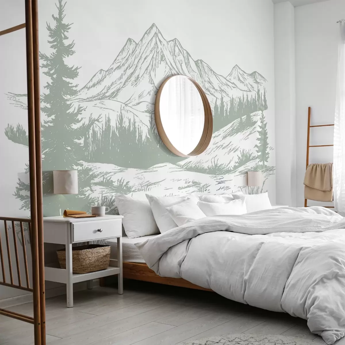 wall murals Планински пејзаж са боровима, шума, природа, нежно зелена боја w03344v1