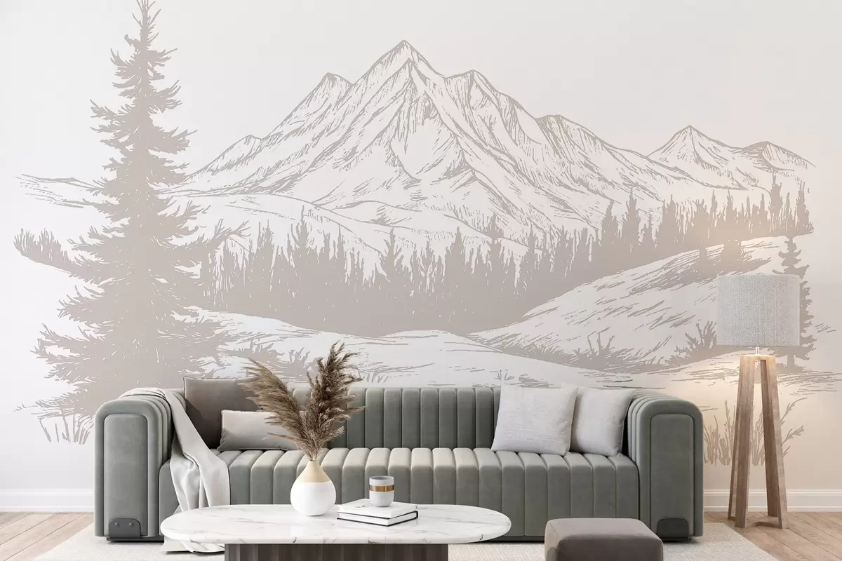 wall murals Планински пејзаж са боровима, шума, природа, нежне беж боје w03344v3
