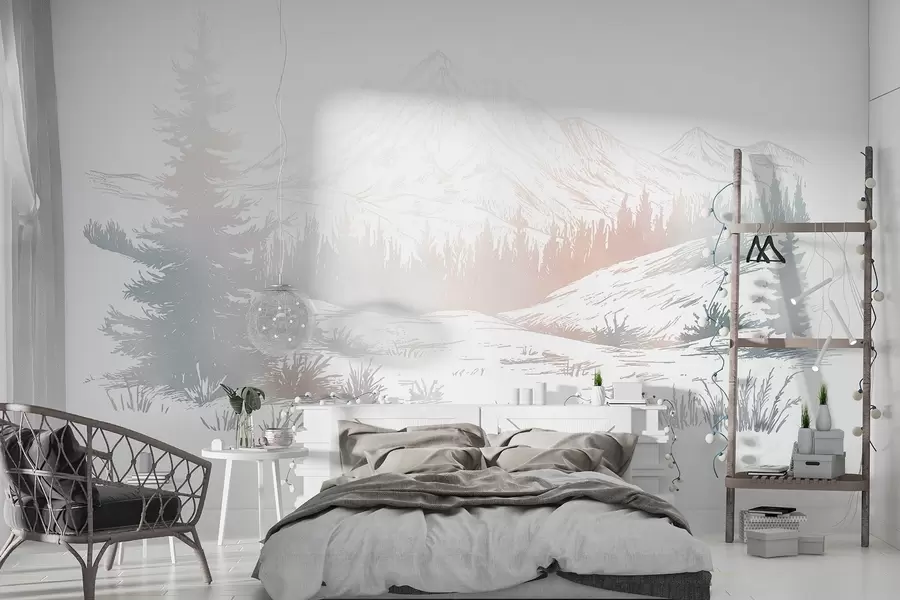 wall murals Планински пејзаж са боровима, шума, природа, шарено w03344v4