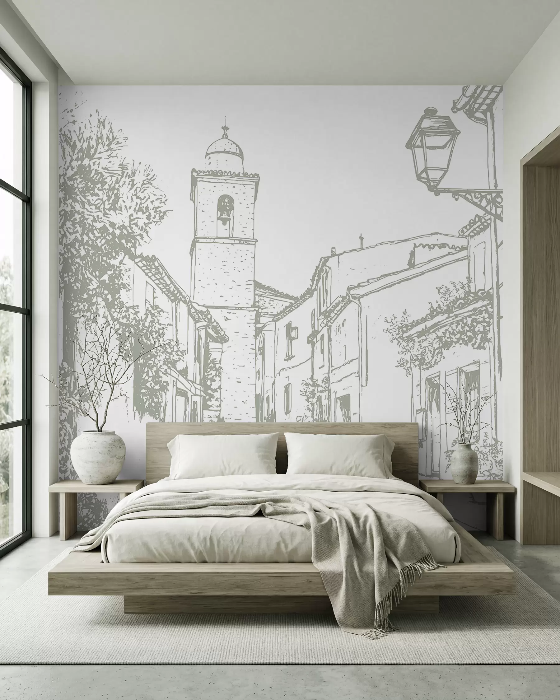 wall murals Градска улица, лепа архитектура, зграде, Медитеран, цртање линија, маслинаста боја w03345