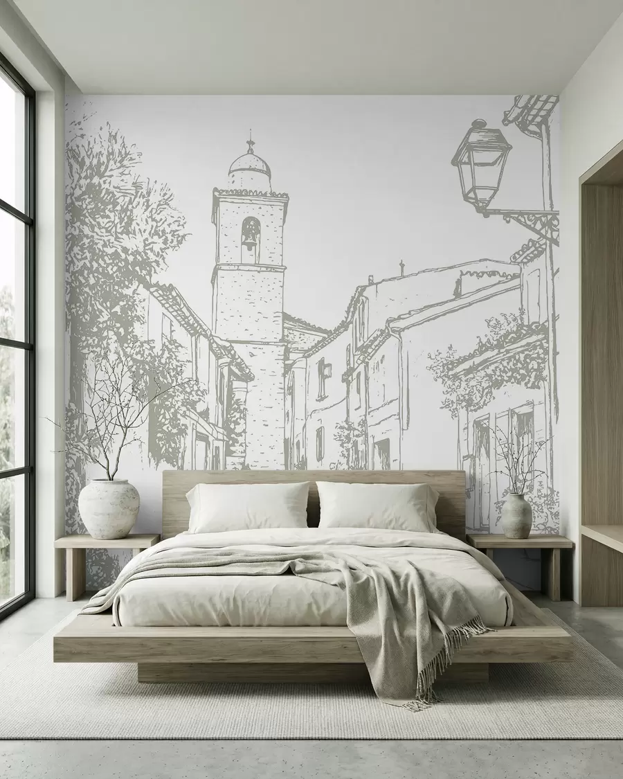 wall murals Градска улица, лепа архитектура, зграде, Медитеран, цртање линија, маслинаста боја w03345