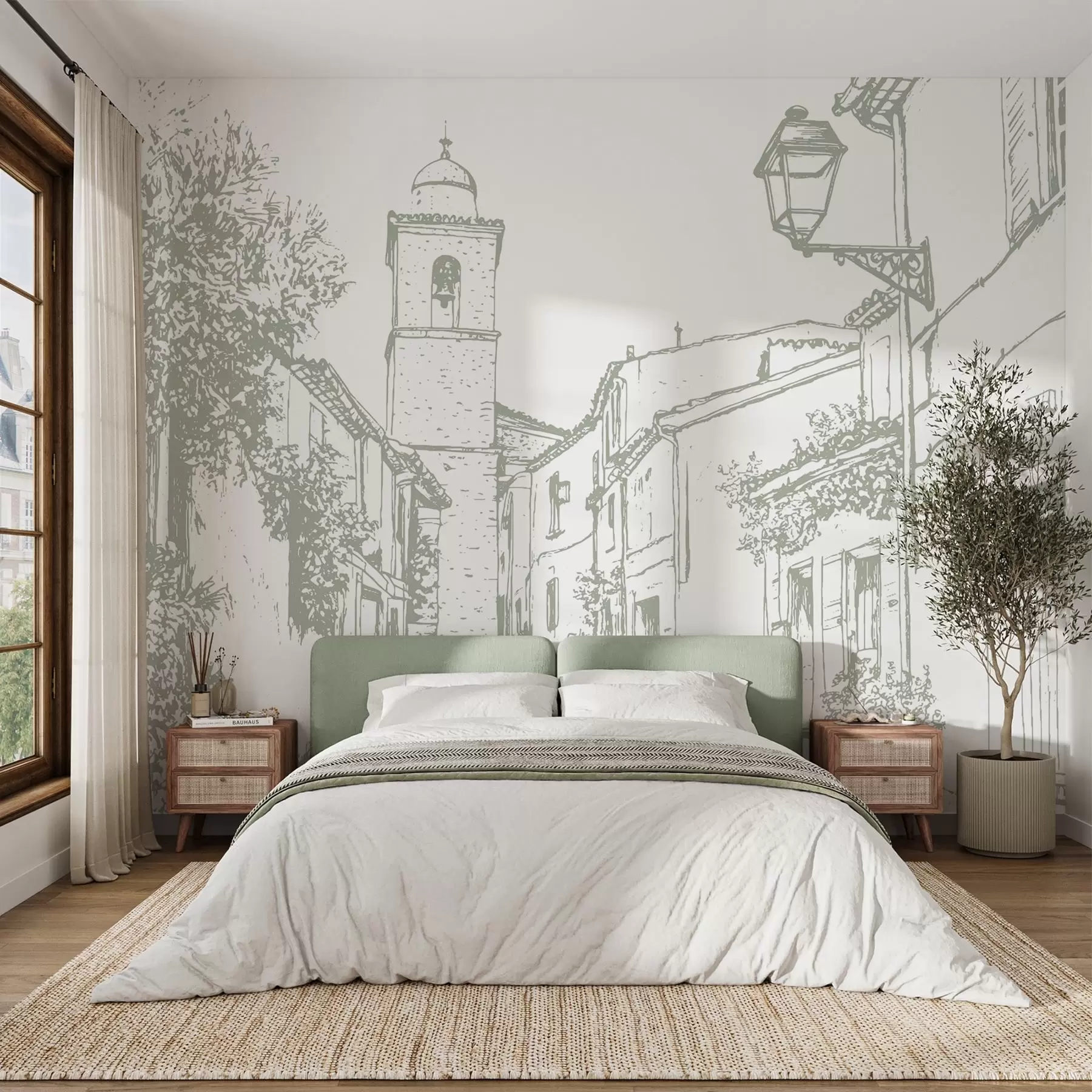 wall murals Градска улица, лепа архитектура, зграде, Медитеран, цртање линија, маслинаста боја w03345