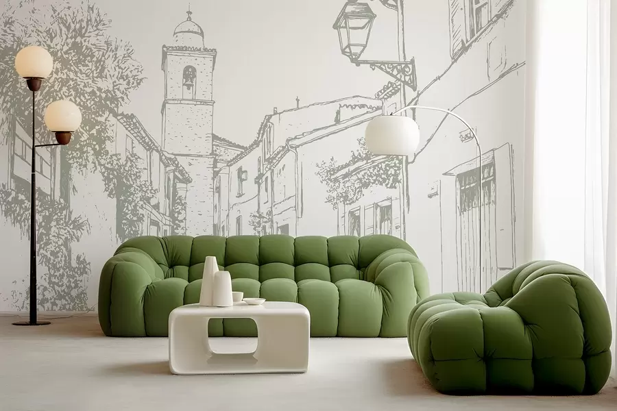 wall murals Градска улица, лепа архитектура, зграде, Медитеран, цртање линија, маслинаста боја w03345