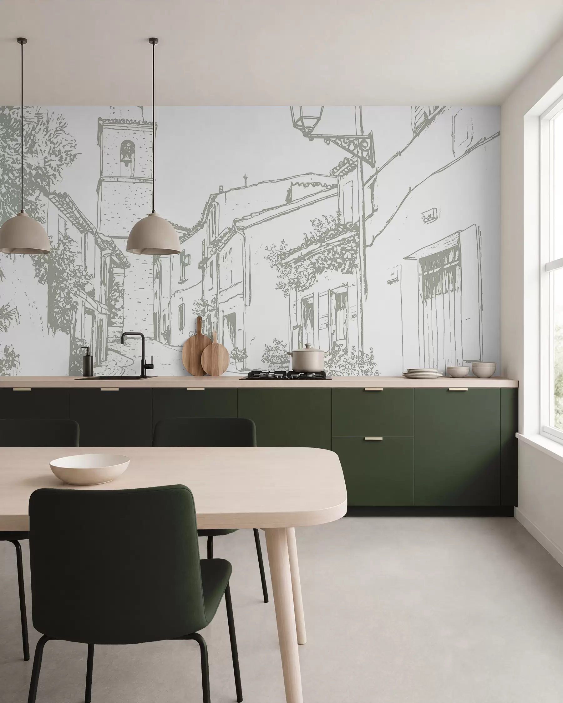 wall murals Градска улица, лепа архитектура, зграде, Медитеран, цртање линија, маслинаста боја w03345