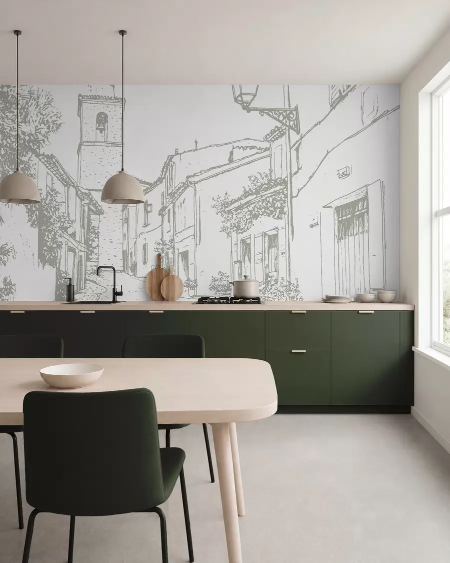 wall murals Градска улица, лепа архитектура, зграде, Медитеран, цртање линија, маслинаста боја w03345