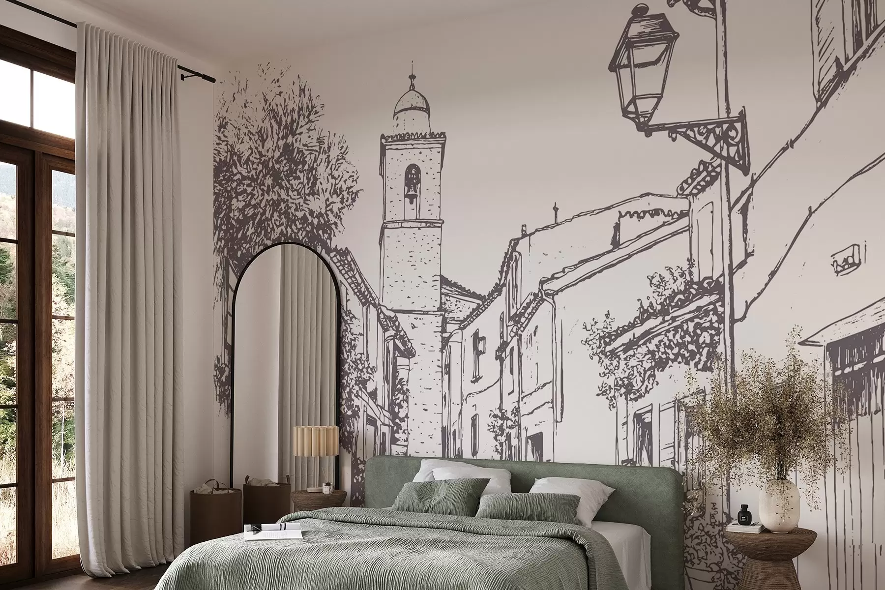 wall murals Градска улица, лепа архитектура, зграде, Медитеран, цртање линија, беж боја w03345v1