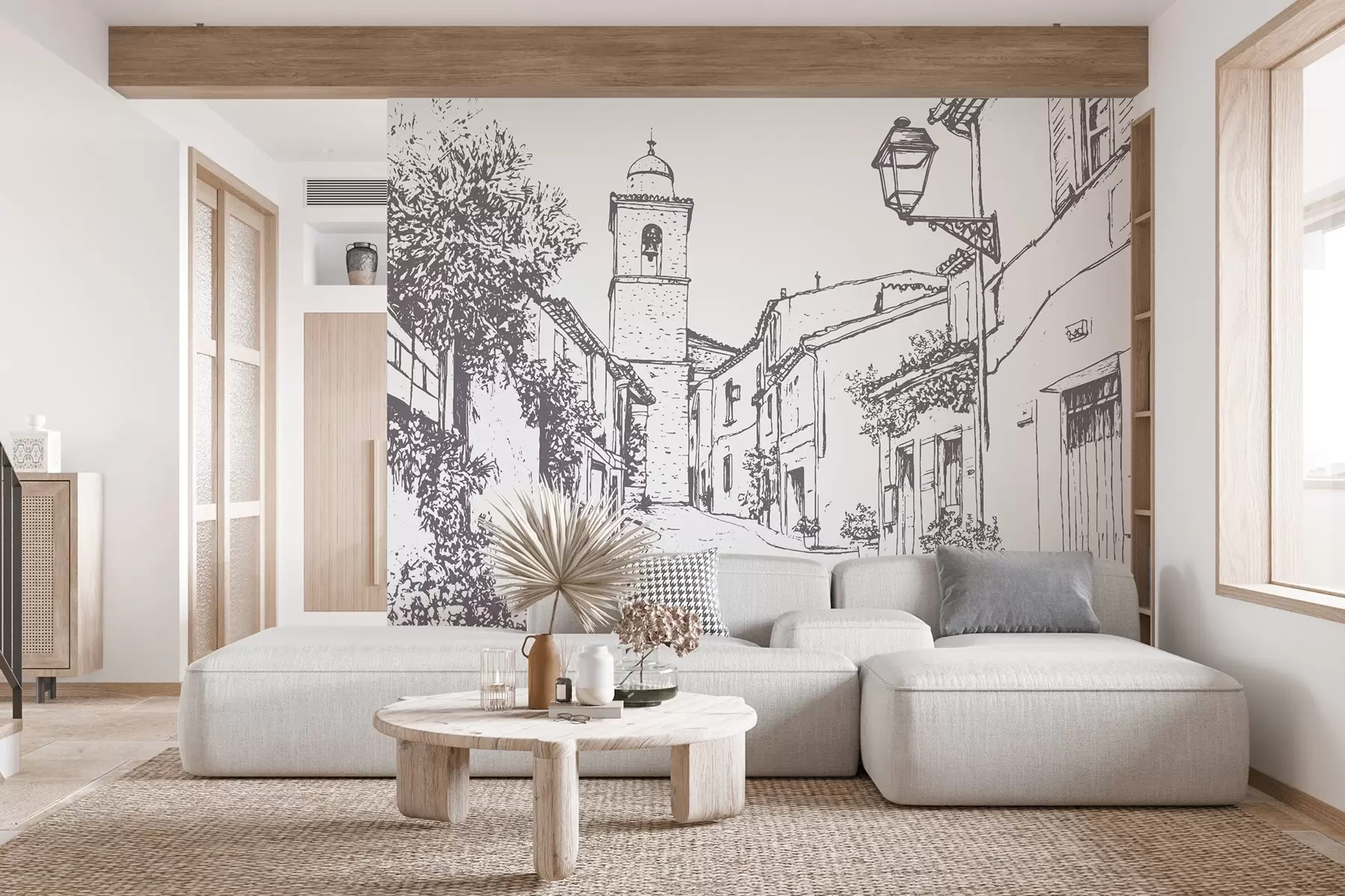 wall murals Градска улица, лепа архитектура, зграде, Медитеран, цртање линија, беж боја w03345v1
