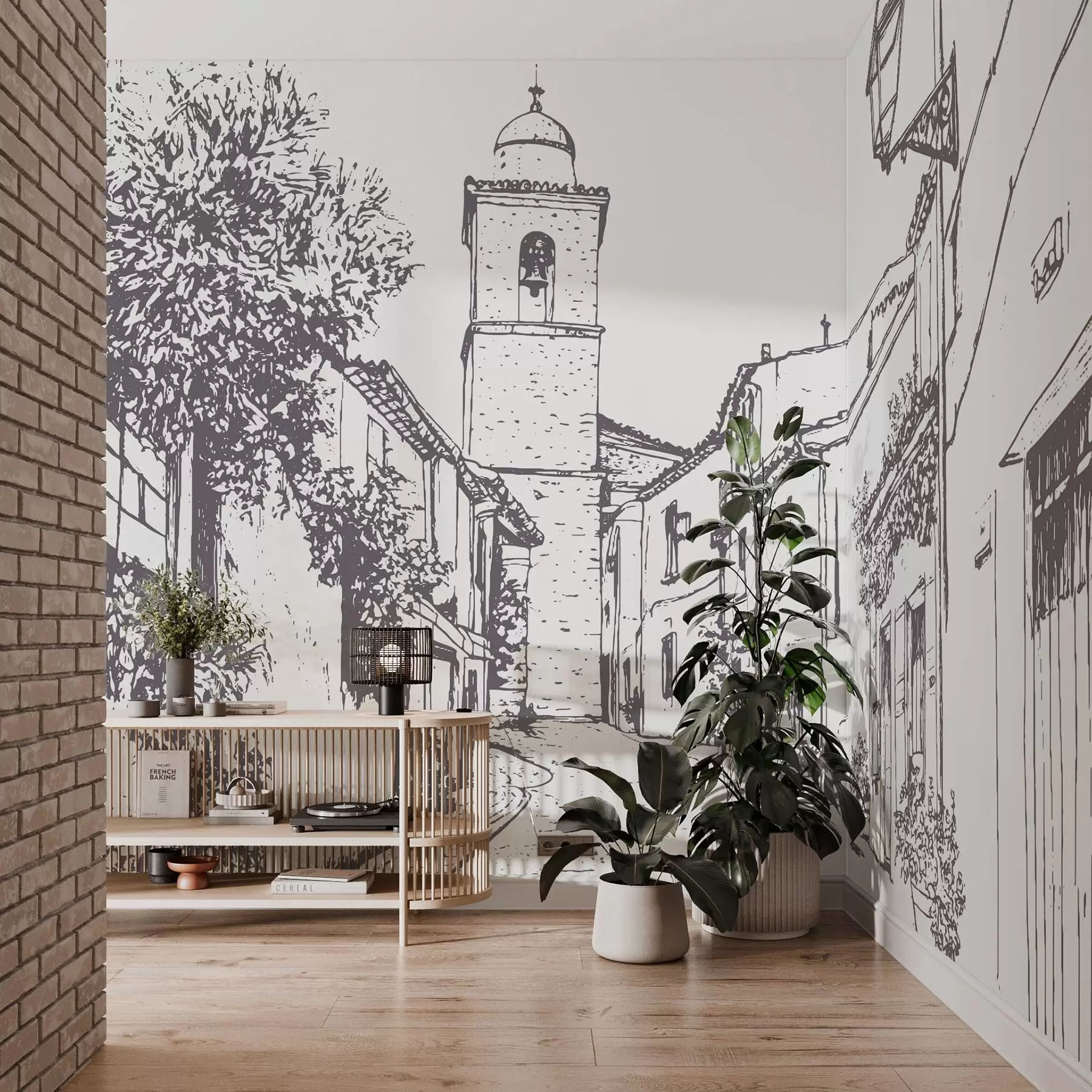 wall murals Градска улица, лепа архитектура, зграде, Медитеран, цртање линија, беж боја w03345v1