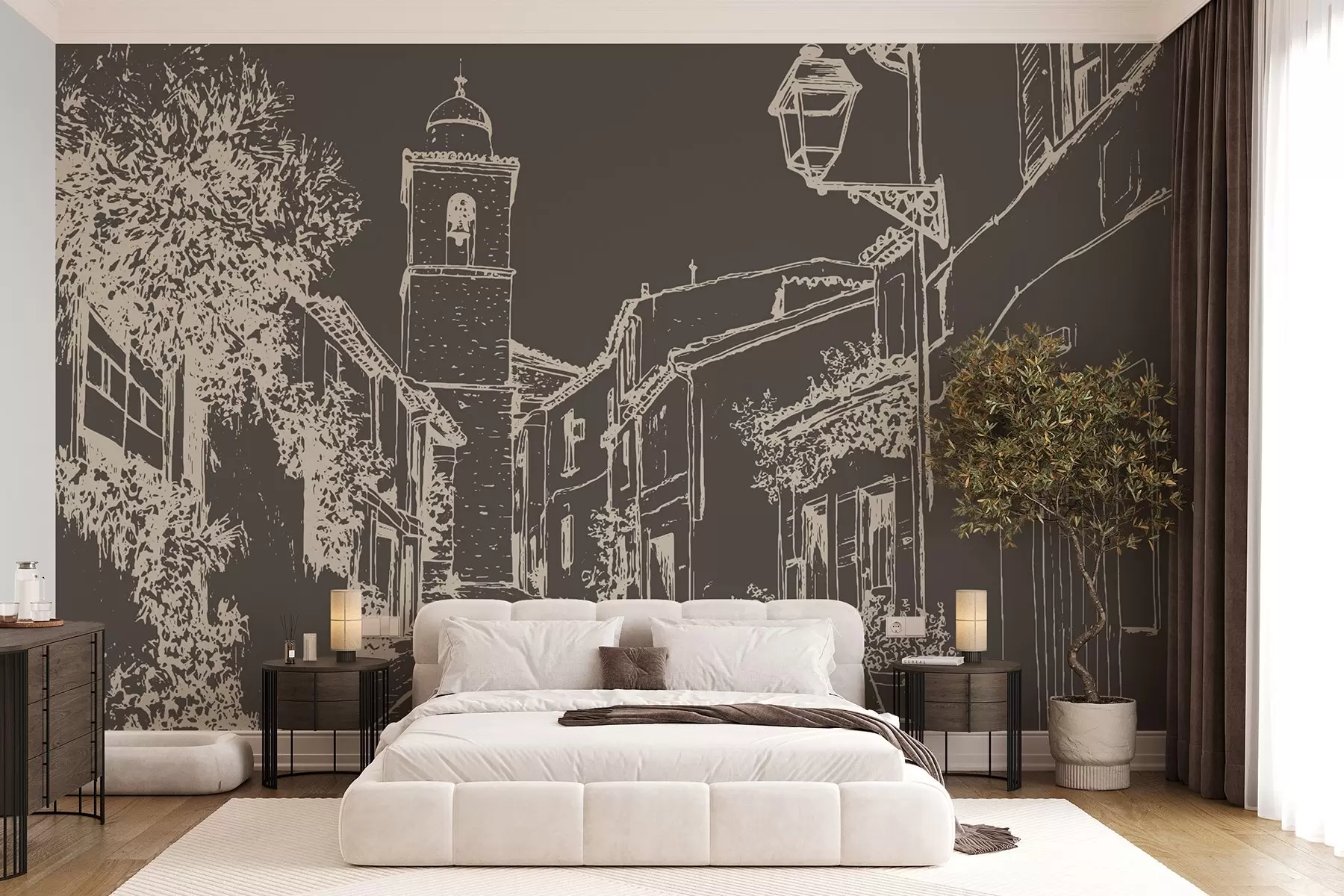 wall murals Градска улица, лепа архитектура, зграде, Медитеран, цртање линија, тамна боја w03345v2