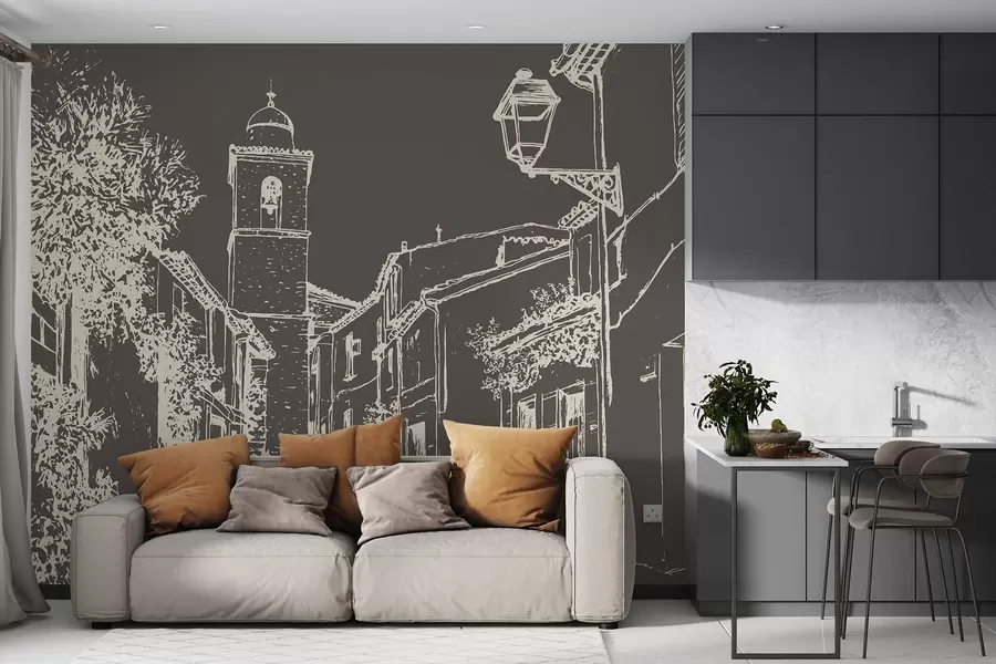 wall murals Градска улица, лепа архитектура, зграде, Медитеран, цртање линија, тамна боја w03345v2