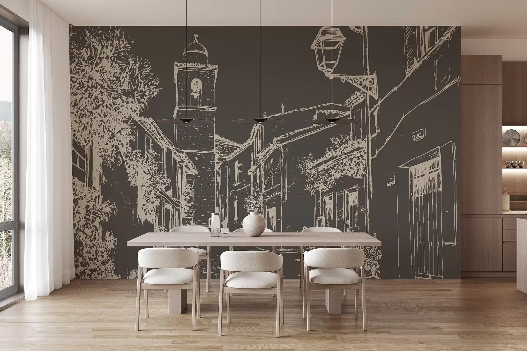 wall murals Градска улица, лепа архитектура, зграде, Медитеран, цртање линија, тамна боја w03345v2