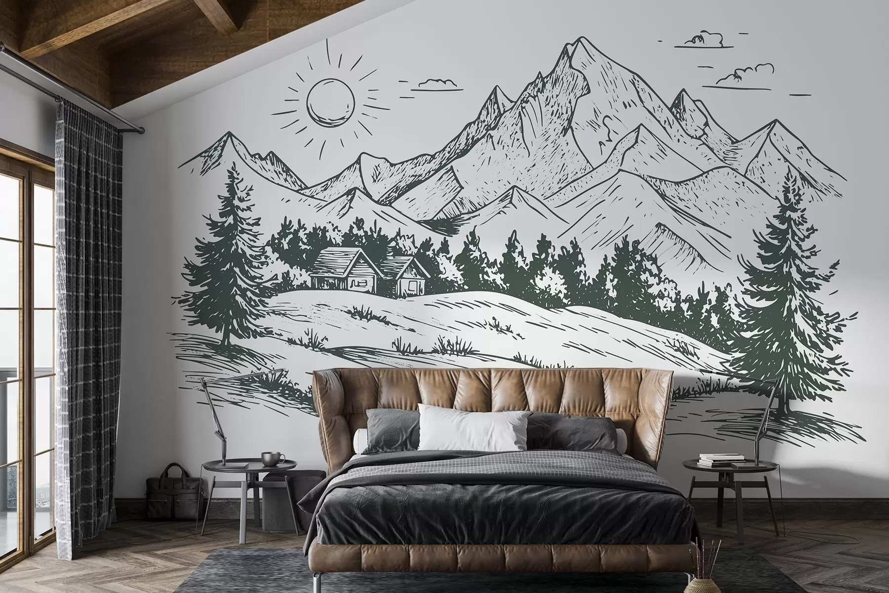 wall murals Цртеж планина, пејзажи природе, шума, дрвене куће, зелена боја w03347