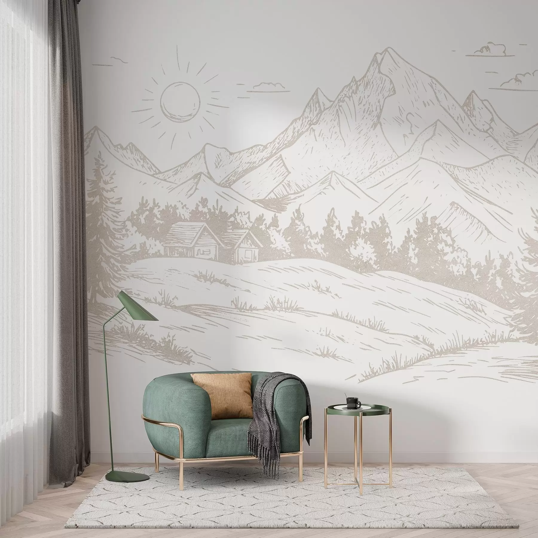 wall murals Цртеж планина, пејзажи природе, шума, дрвене куће, беж боја w03348