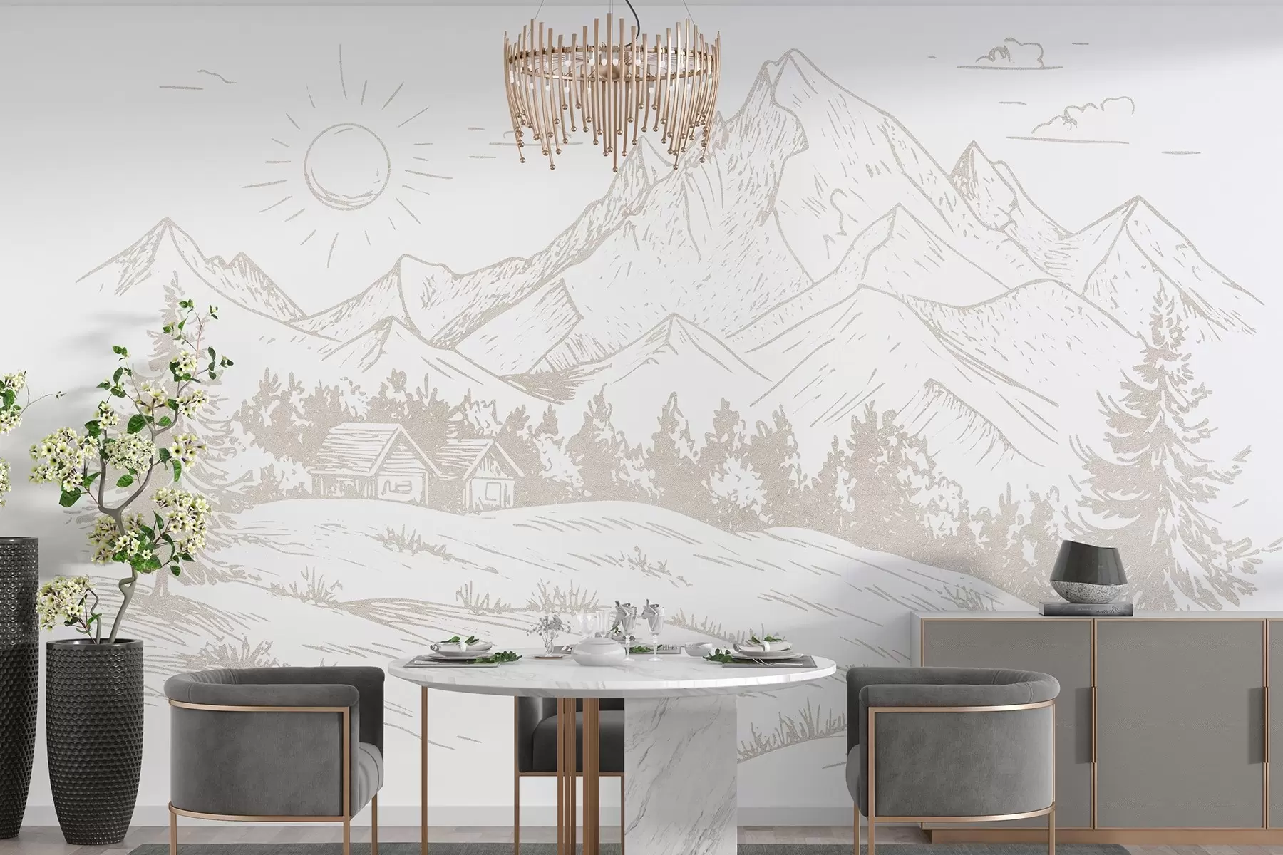 wall murals Цртеж планина, пејзажи природе, шума, дрвене куће, беж боја w03348