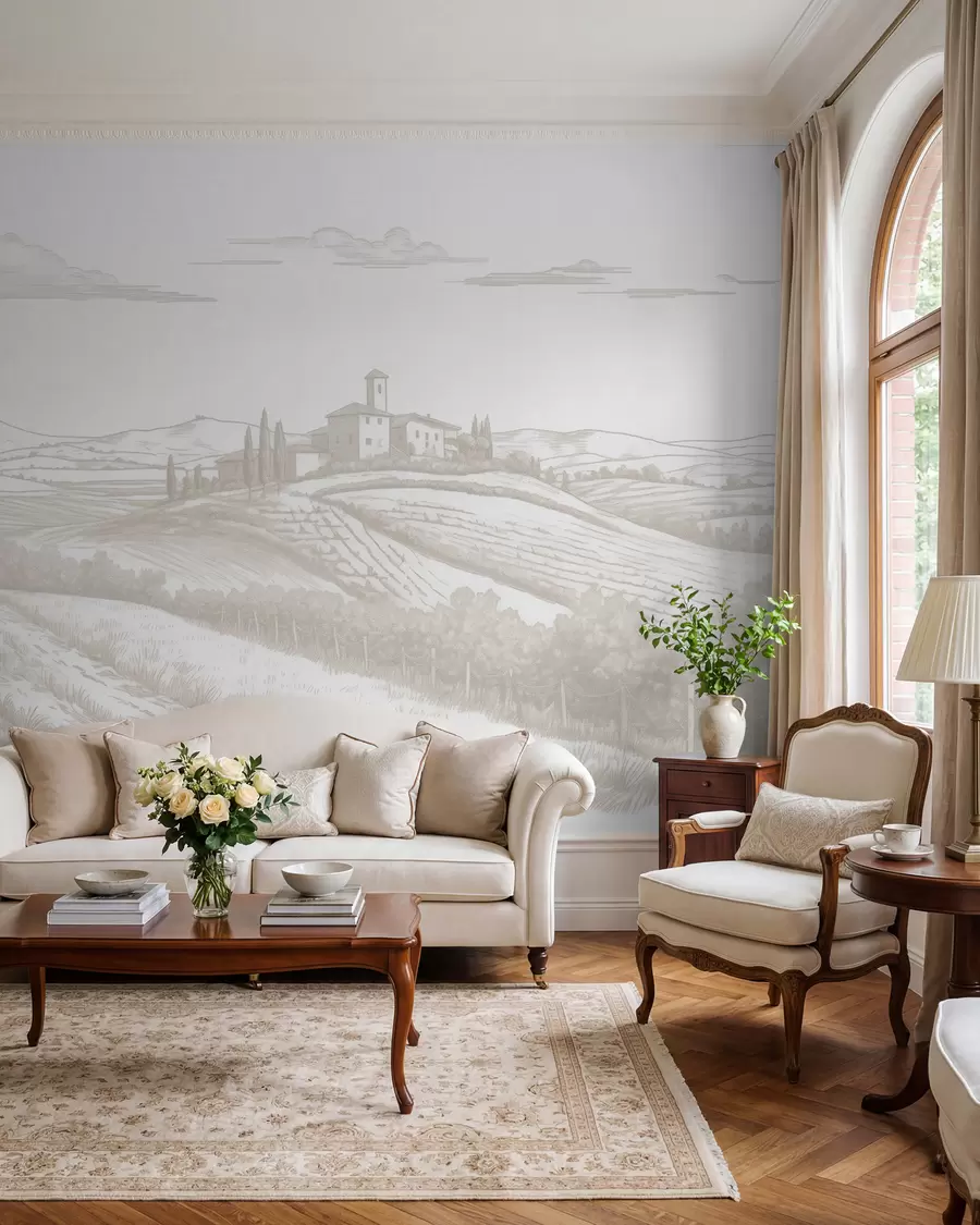 wall murals Тоскански пејзажи, Италија, виногради, природа, стари замак, беж боје w03349