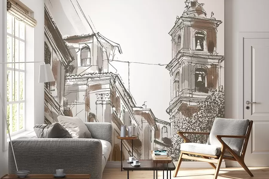 wall murals Медитеранска градска улица, капела, архитектура, беж и браон боје w03350v1