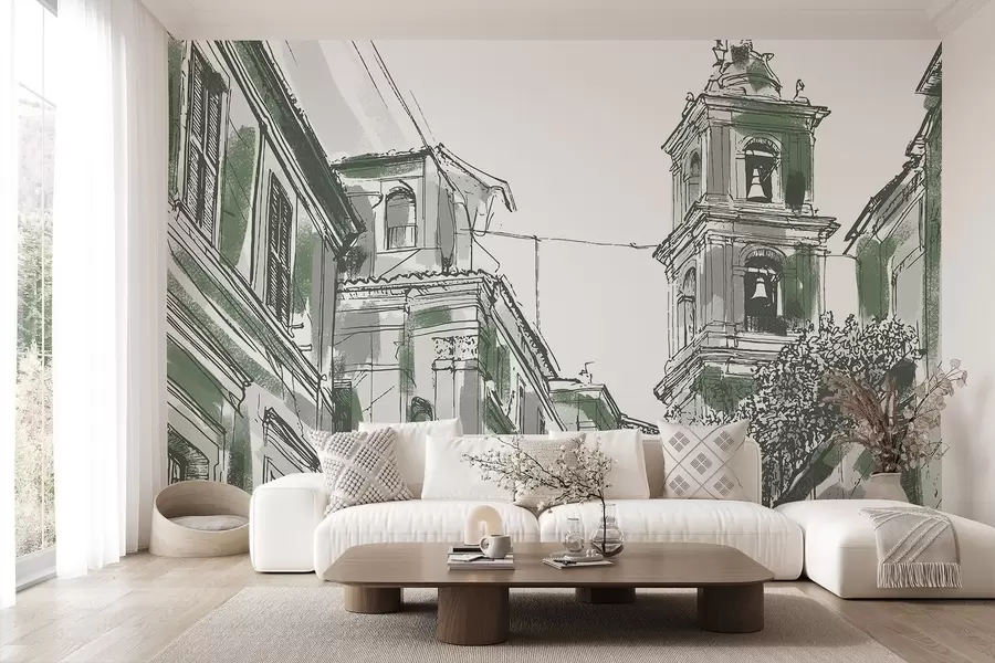 wall murals Медитеранска градска улица, капела, архитектура, сиве и зелене боје w03350v2
