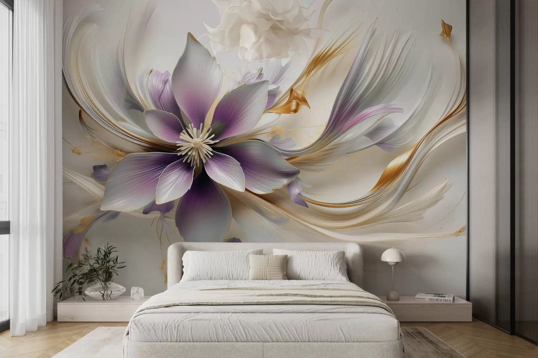 wall murals Велики јоргован нежни цвет са апстрактним линијама w08903v1