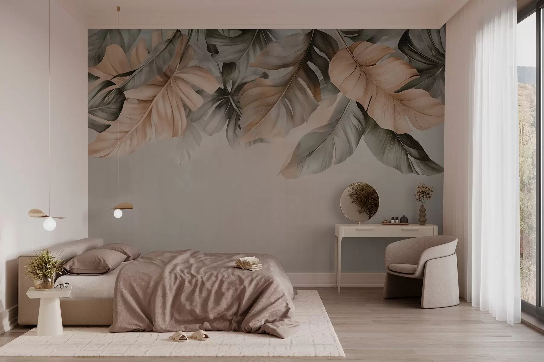 wall murals Тропско лишће које виси са врха, на текстурираној позадини w03290