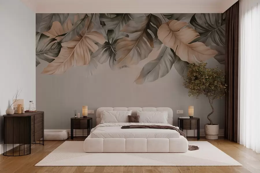 wall murals Тропско лишће које виси са врха, на текстурираној позадини w03290