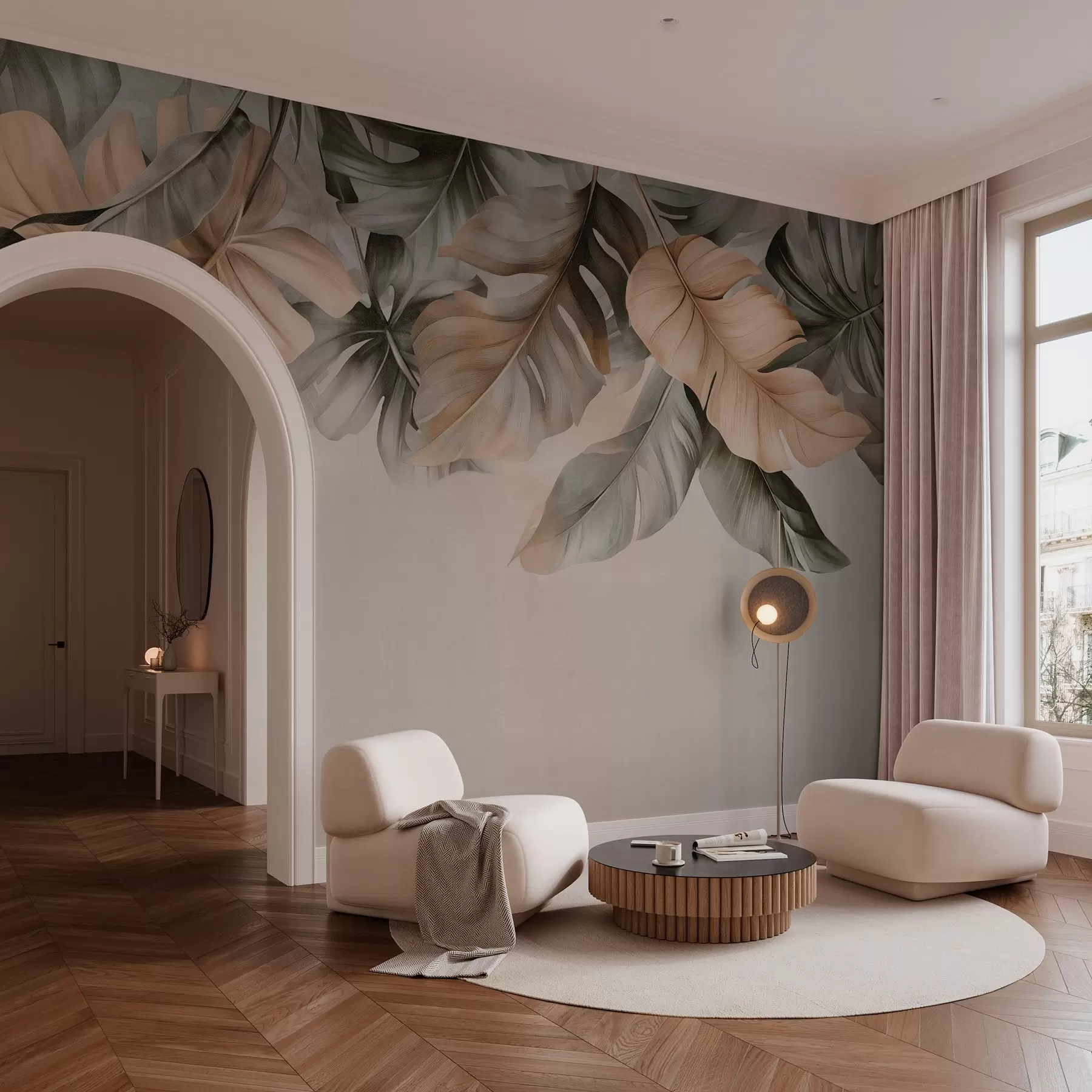 wall murals Тропско лишће које виси са врха, на текстурираној позадини w03290