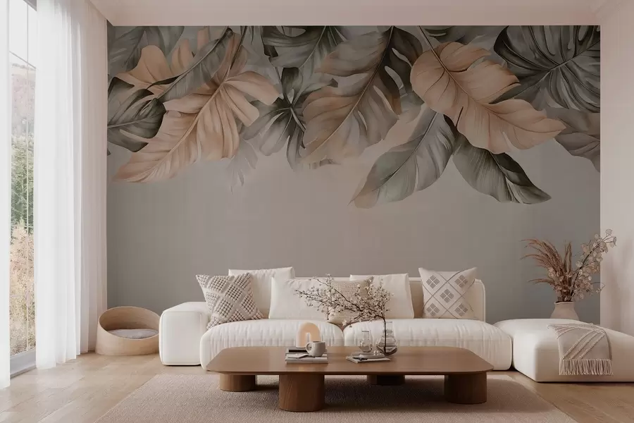 wall murals Тропско лишће које виси са врха, на текстурираној позадини w03290