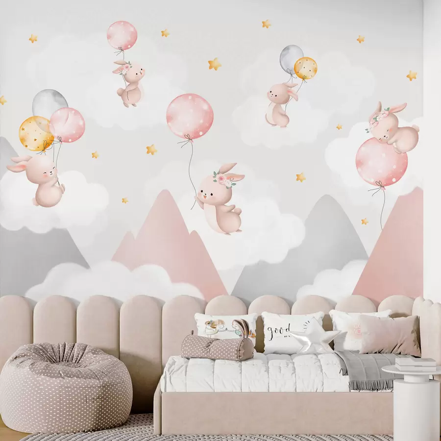 wall murals Зечићи са балонима на облацима међу планинским врховима w03375
