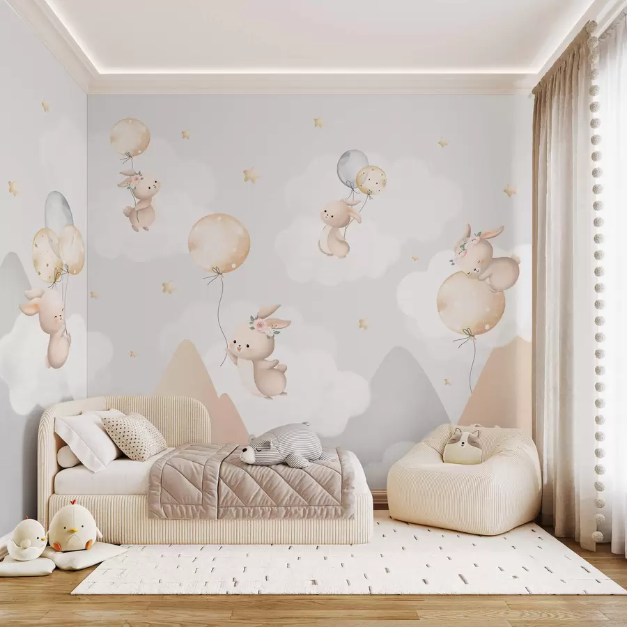 wall murals Зечићи са балонима на облацима међу планинским врховима w03375v1