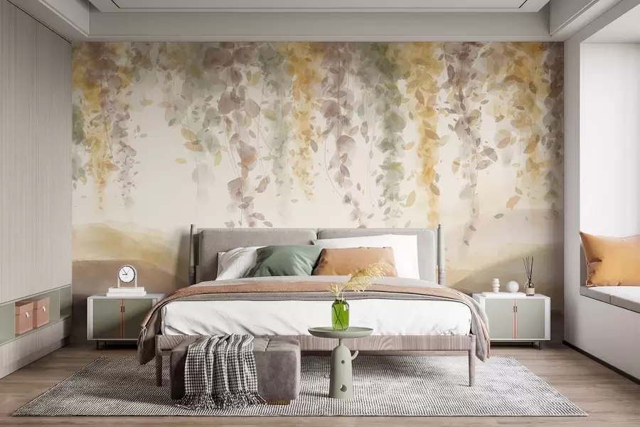wall murals Листови глициније виси преко замућених планина, меке пастелне жуте и браон боје, пејзаж у стилу акварела w08909v1
