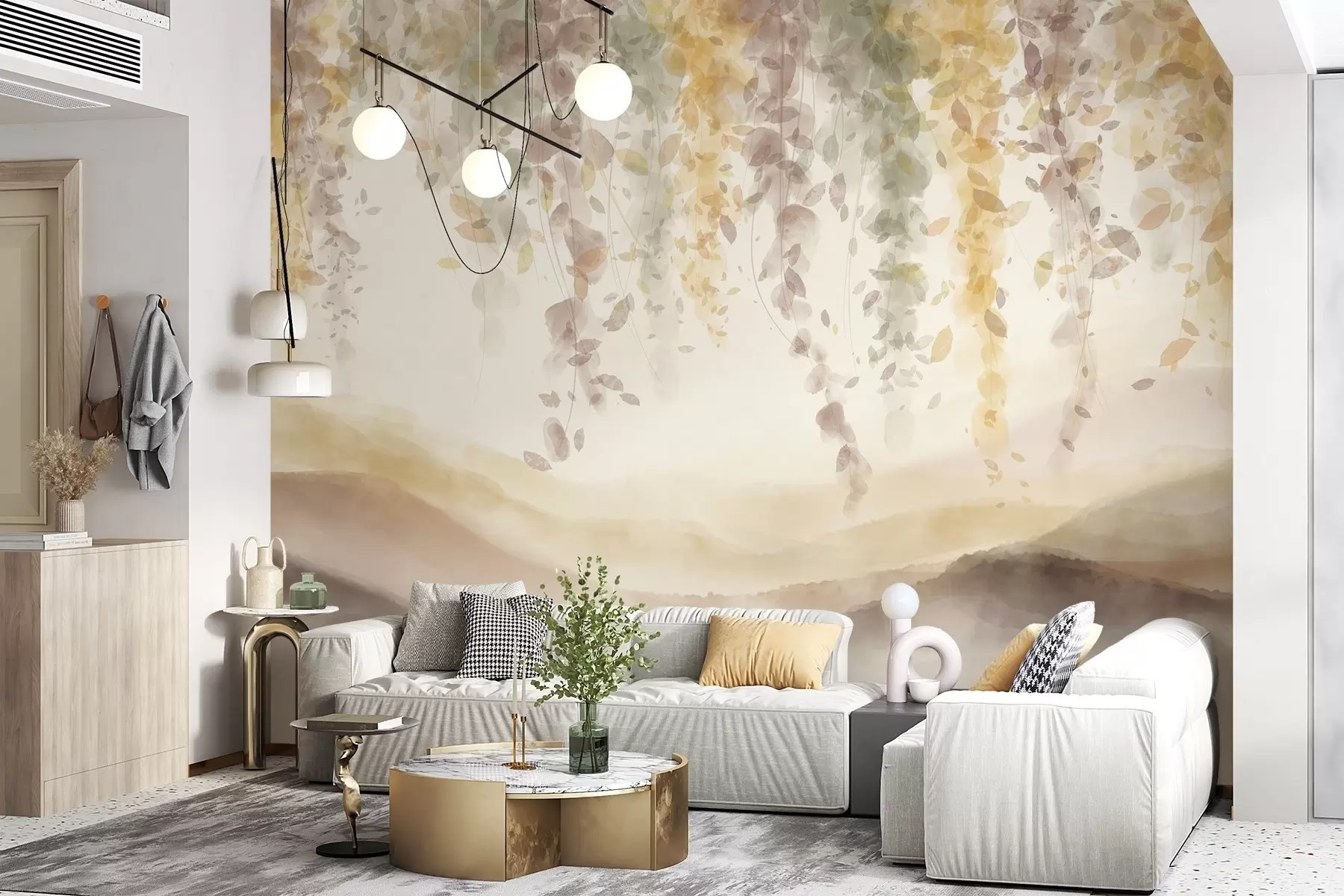 wall murals Листови глициније виси преко замућених планина, меке пастелне жуте и браон боје, пејзаж у стилу акварела w08909v1