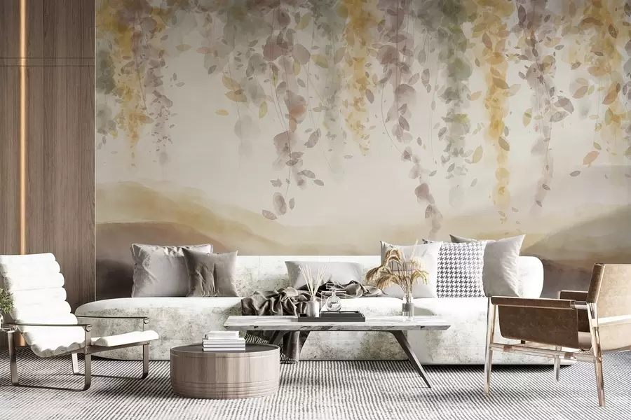 wall murals Листови глициније виси преко замућених планина, меке пастелне жуте и браон боје, пејзаж у стилу акварела w08909v1