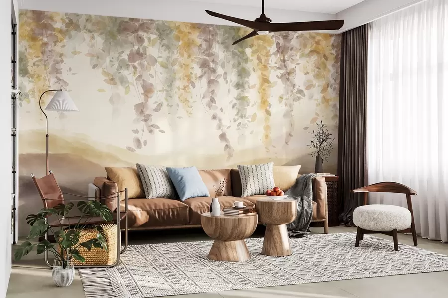 wall murals Листови глициније виси преко замућених планина, меке пастелне жуте и браон боје, пејзаж у стилу акварела w08909v1