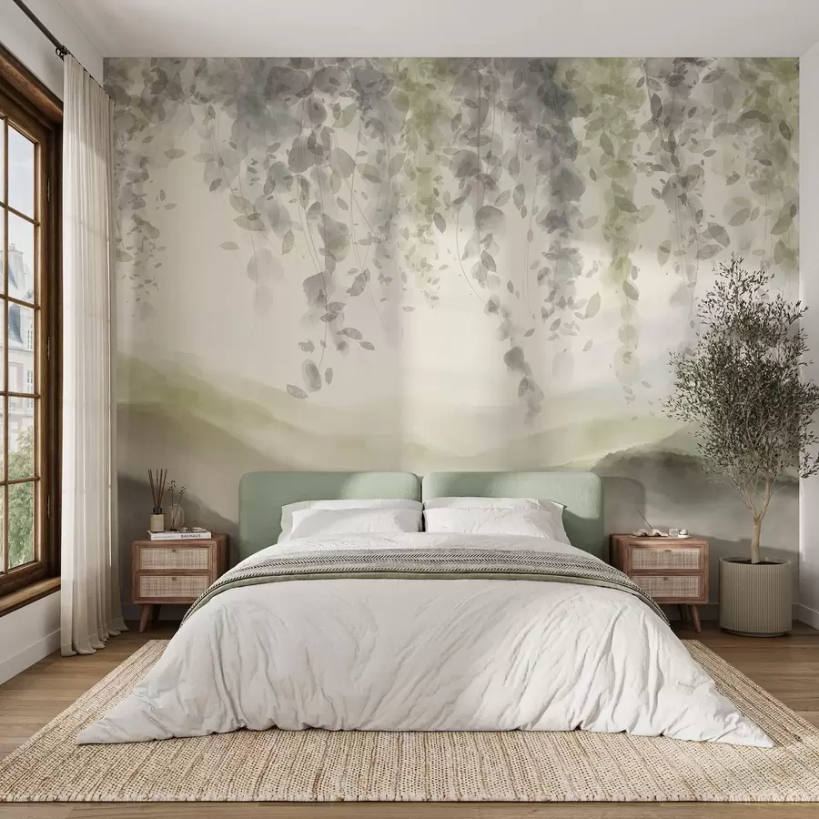 wall murals Листови глициније виси преко замућених планина, меке пастелне зелене и беж боје, пејзаж у стилу акварела w08909v2