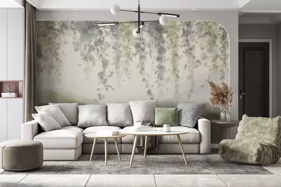 wall murals Листови глициније виси преко замућених планина, меке пастелне зелене и беж боје, пејзаж у стилу акварела w08909v2