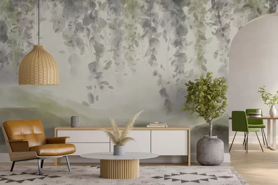 wall murals Листови глициније виси преко замућених планина, меке пастелне зелене и беж боје, пејзаж у стилу акварела w08909v2