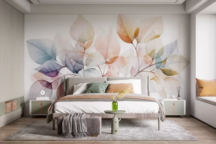 wall murals Акварел слика прозирног лишћа у пастелним бојама, са нијансама розе, беле, љубичасте и плаве w08910