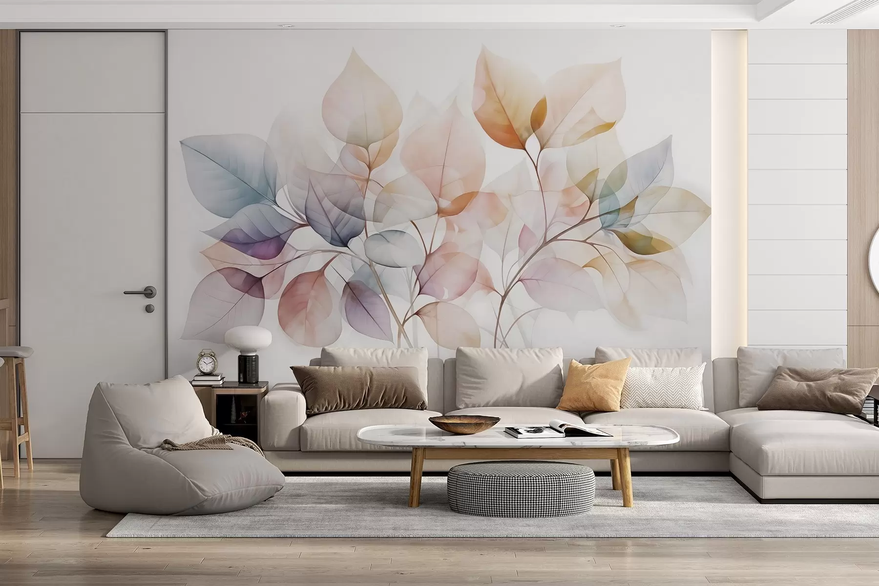 wall murals Акварел слика прозирног лишћа у пастелним бојама, са нијансама розе, беле, љубичасте и плаве w08910