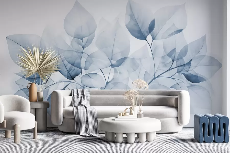 wall murals Акварелна слика прозирног лишћа у пастелним бојама, са нијансама беле и плаве w08910v1