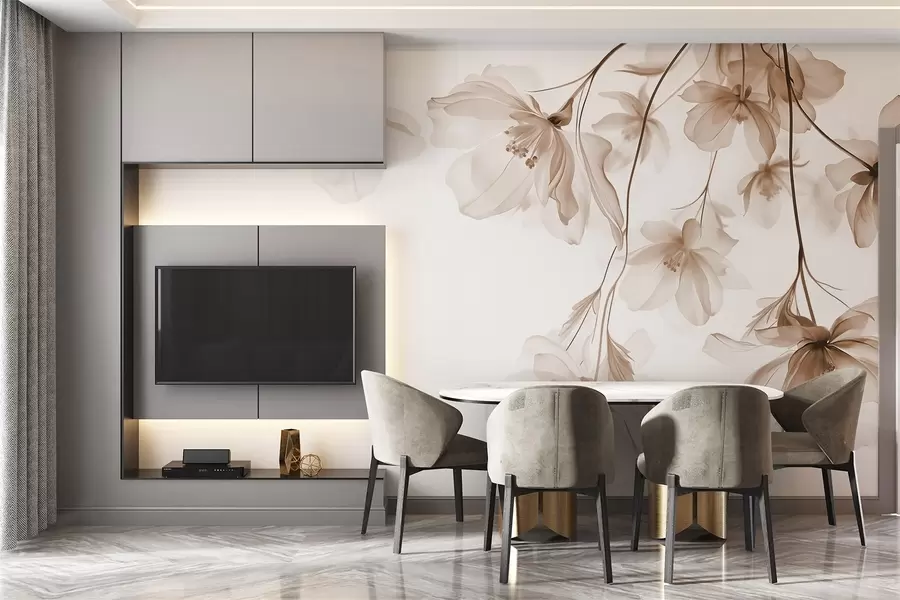 wall murals Беж цвеће са провидним латицама које висе са гране, беж и бело, минималистичка модерна уметничка композиција w08911v1