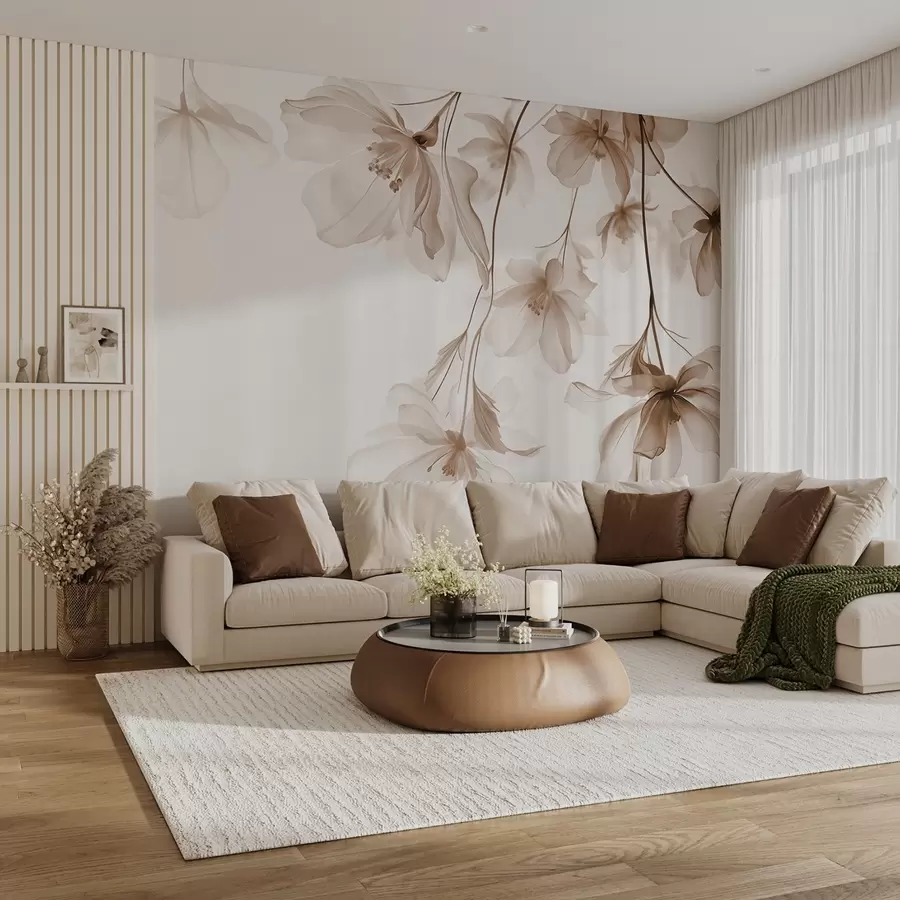 wall murals Беж цвеће са провидним латицама које висе са гране, беж и бело, минималистичка модерна уметничка композиција w08911v1