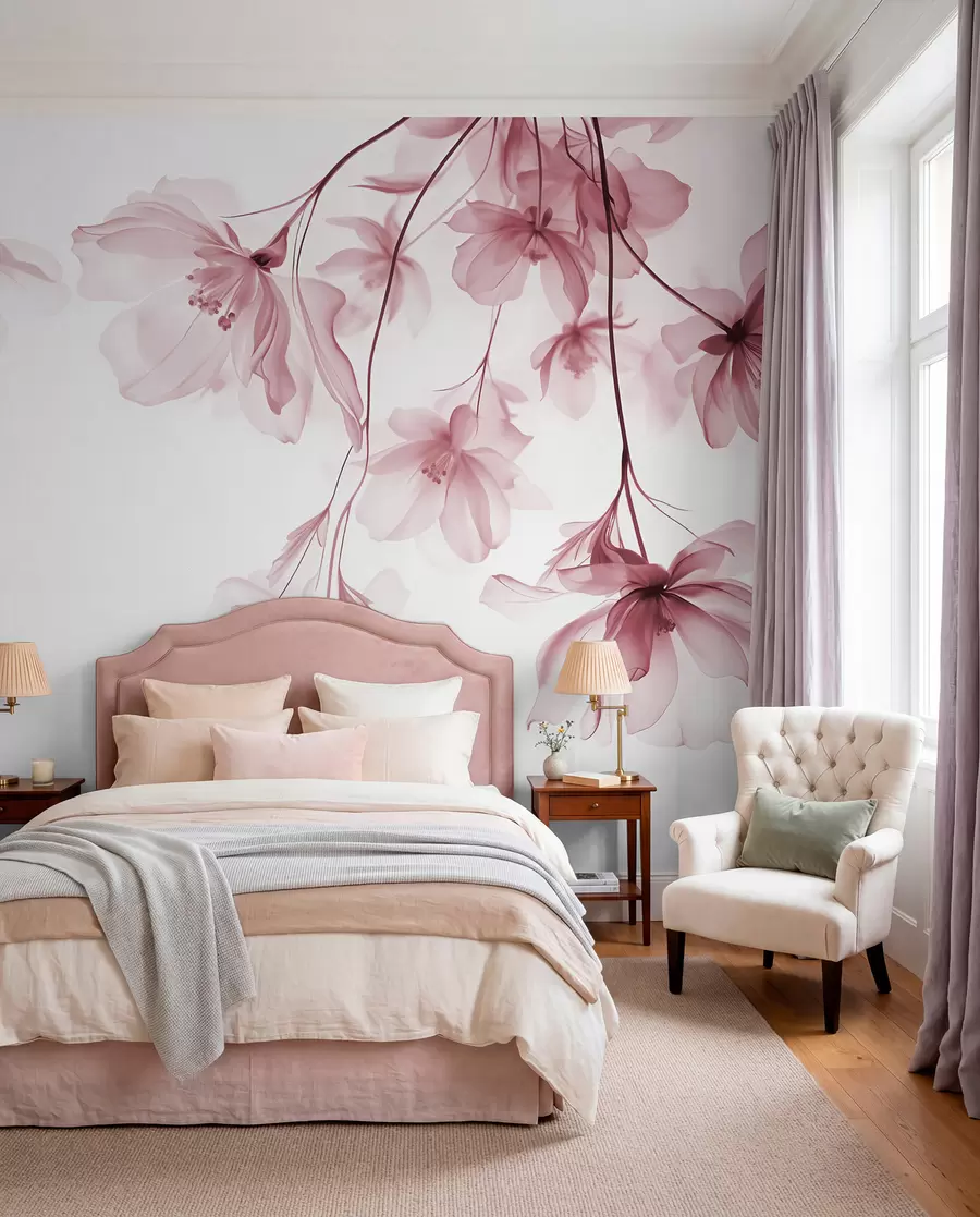 wall murals Розе цвеће са провидним латицама које висе са гране, розе и беле, минималистичка модерна уметничка композиција w08911v2