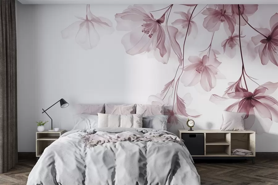 wall murals Розе цвеће са провидним латицама које висе са гране, розе и беле, минималистичка модерна уметничка композиција w08911v2